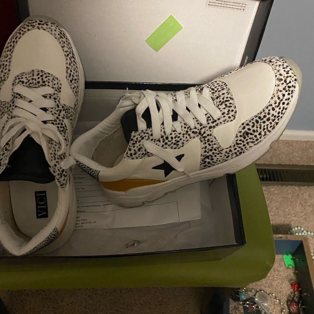 Vici White and Black Leopard Sneakers